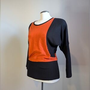 BCBG Black Orange Colorblock Batwing Dolman Sleeve Sweater Medium Small Workwear